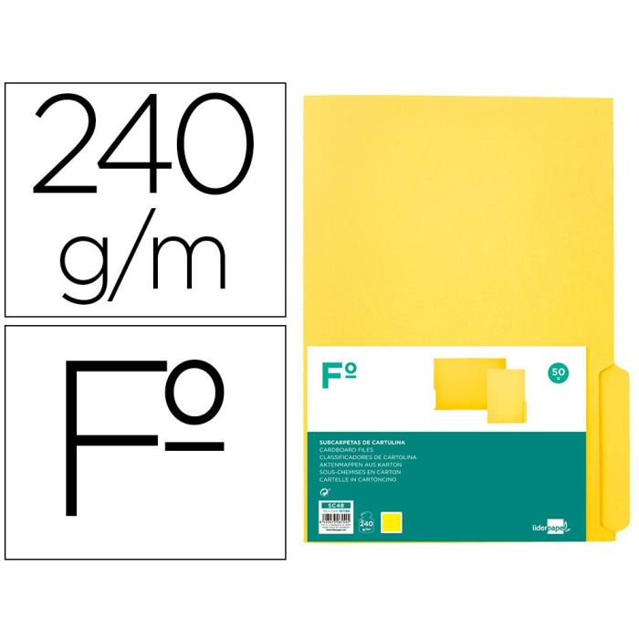 Subcarpeta Cartulina Liderpapel Folio Pestaña Inferior 240 gr-M2 Color Amarillo 50 unidades