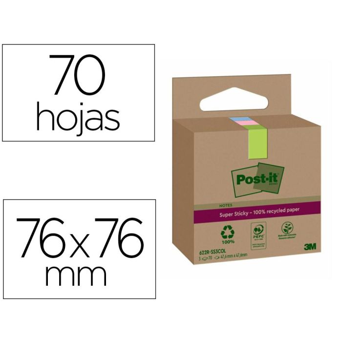 Bloc De Notas Adhesivas Quita Y Pon Post-It Super Sticky 76x76 mm 70 Hojas Recicladas Paquete De 3 Unidades Colores