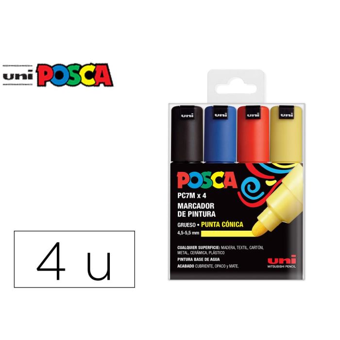 Posca Marcador Pc-7M-4C No Permanente Punta Biselada 4.5-5.5 mm Colores Surtidos Basic -Estuche 4U-