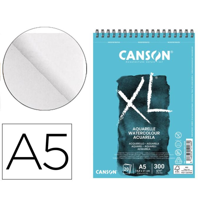 Bloc Dibujo Acuarela Canson XL Aquarelle Grano Fino Din A5 Microperforado Espiral 14,8x21 cm 20 Hojas 300 gr-M2