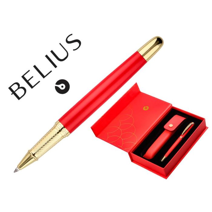 Boligrafo Y Estuche Belius Passion Dor Aluminio Textura Cepillada Color Rojo Y Dorado Tinta Azul Caja De Diseño