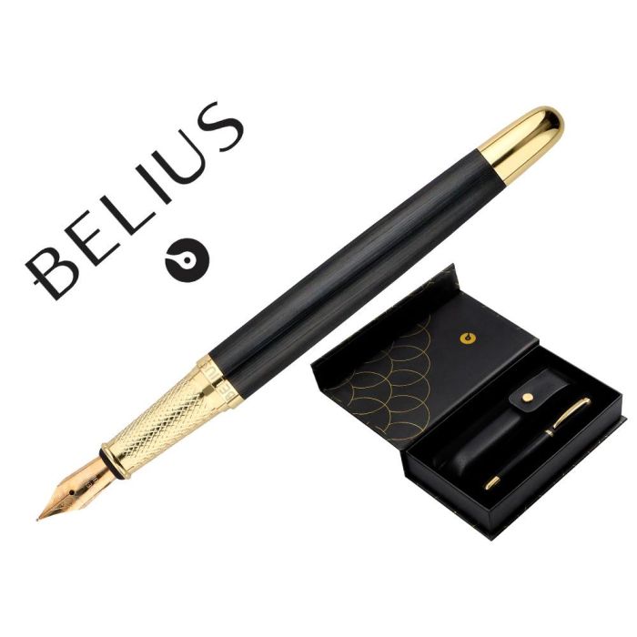 Pluma Y Estuche Cuero Belius Passion Dor Aluminio Textura Cepillada Color Negro Y Dorado Tinta Azul Caja Diseño