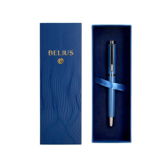 Boligrafo Belius Neptuno Aluminio Textura Wavy Color Azul Marino Tinta Azul Caja De Diseño 3