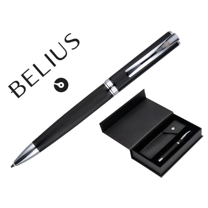 Boligrafo Y Estuche Belius Turbo Aluminio Textura Punteada Negro Y Plateado Tinta Azul Caja De Diseño