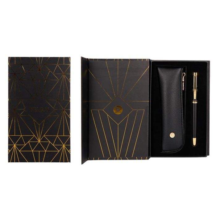 Pluma Y Estuche Belius Soiree Color Art Deco Negro Y Dorado Tinta Azul Caja De Diseño 3