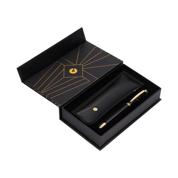 Pluma Y Estuche Belius Soiree Color Art Deco Negro Y Dorado Tinta Azul Caja De Diseño 4