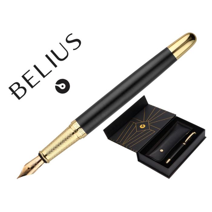 Pluma Y Estuche Belius Soiree Color Art Deco Negro Y Dorado Tinta Azul Caja De Diseño