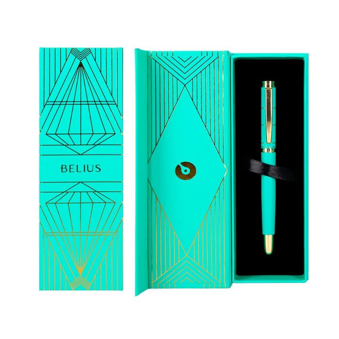 Pluma Belius Soiree Aluminio Color Art Deco Turquesa Y Dorado Tinta Azul Caja De Diseño 2