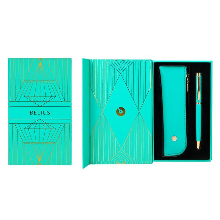 Pluma Y Estuche Belius Soiree Color Art Deco Turquesa Dorado Tinta Azul Caja De Diseño 3