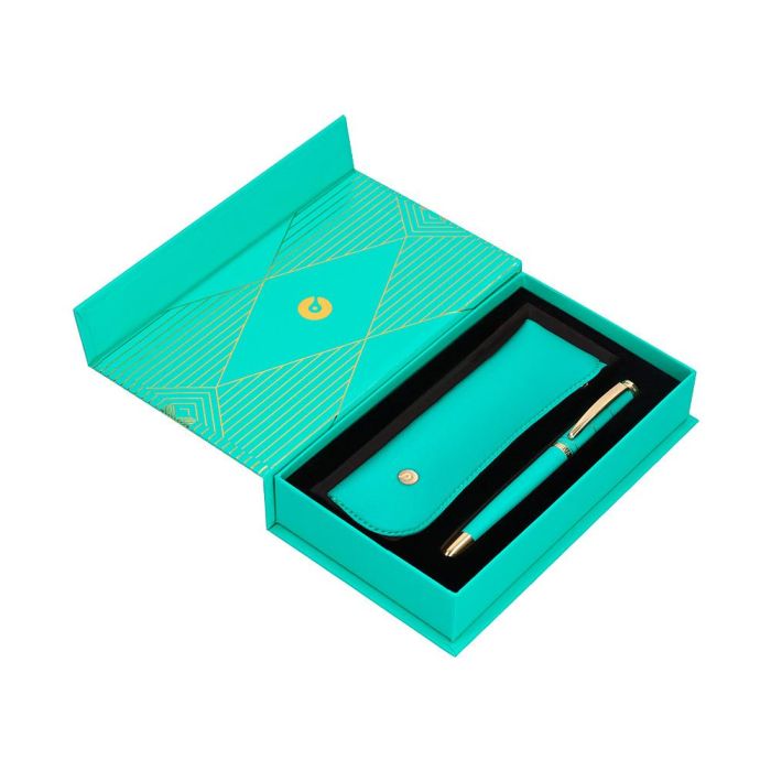 Pluma Y Estuche Belius Soiree Color Art Deco Turquesa Dorado Tinta Azul Caja De Diseño 4