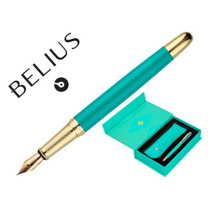 Pluma Y Estuche Belius Soiree Color Art Deco Turquesa Dorado Tinta Azul Caja De Diseño