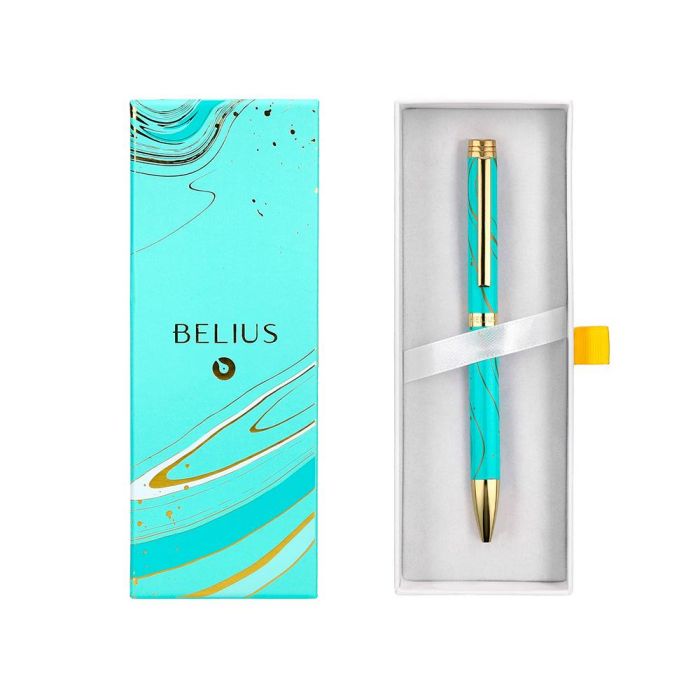 Boligrafo Belius Aqua Aluminio Color Turquesa Y Dorado Tinta Azul Caja De Diseño 3