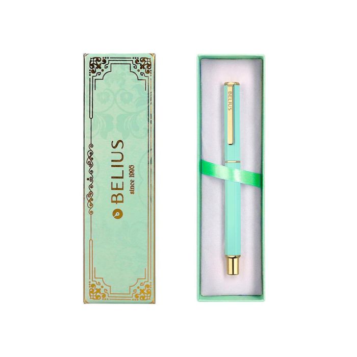 Boligrafo Belius Macaron Bliss Forma Hexagonal Color Verde Dorado Tinta Azul Caja De Diseño 3