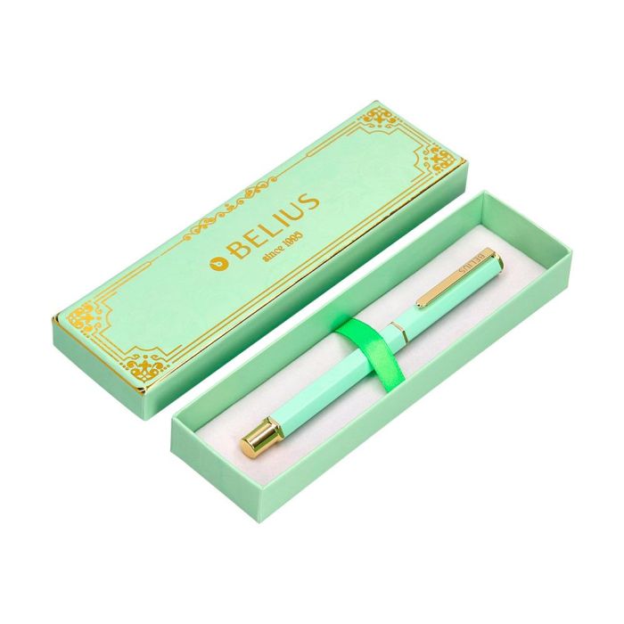 Boligrafo Belius Macaron Bliss Forma Hexagonal Color Verde Dorado Tinta Azul Caja De Diseño 4