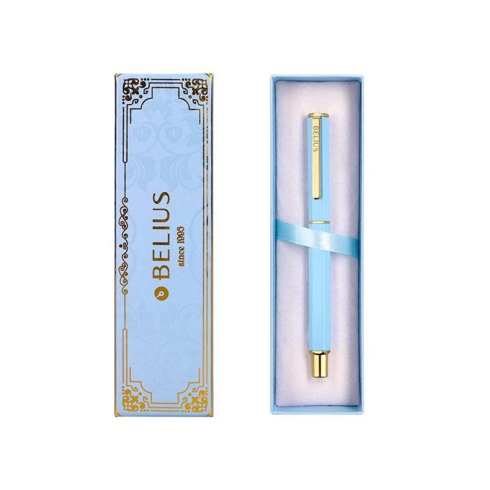 Boligrafo Belius Macaron Bliss Forma Hexagonal Color Celeste Y Dorado Tinta Azul Caja De Diseño 1