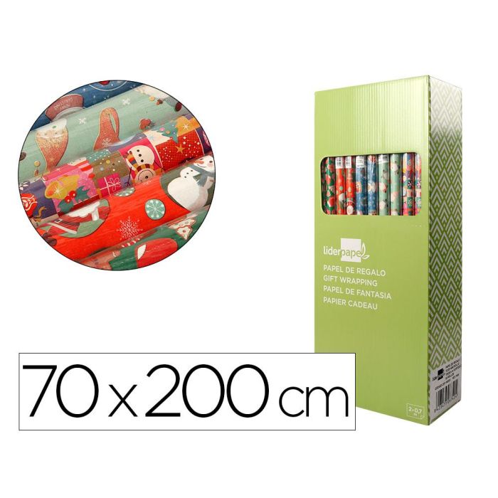 Papel De Regalo Liderpapel Navidad Rollo Ancho 70 cm Longitud 2 Mt Gramaje 60 gr Diseños Surtidos 50 unidades