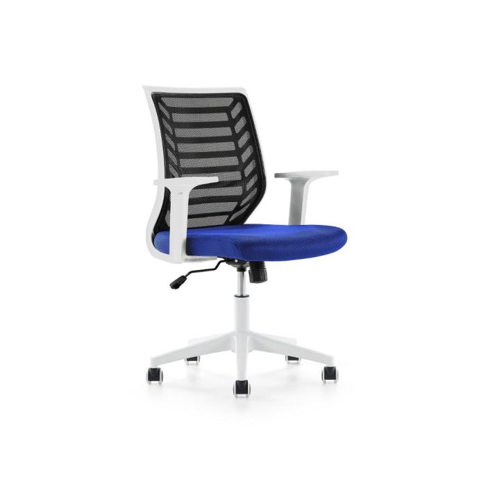 Silla Rocada De Oficina Brazos Regulables Estructura Blanca Respaldo Malla Y Asiento Tela Ignifuga Azul