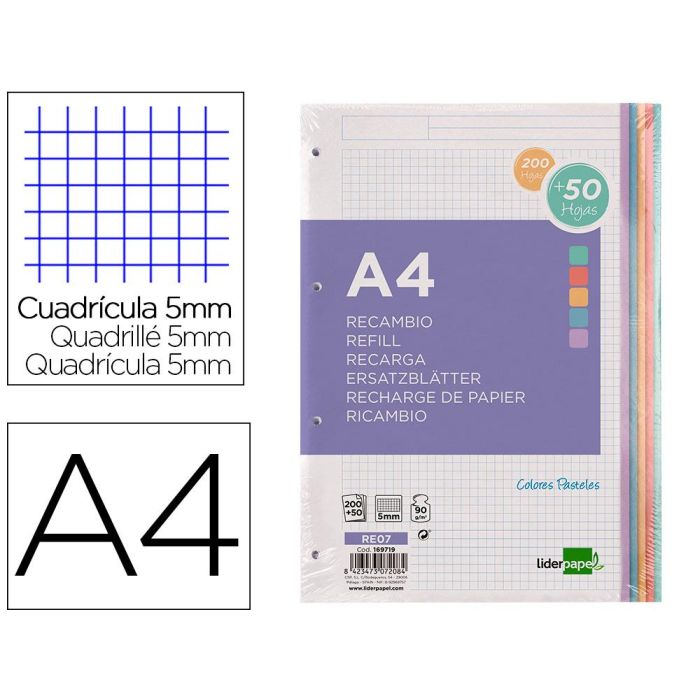 Recambio Liderpapel A4 200+50 Hojas 90 gr-M2 Cuadro 5 mm 4 Taladros Bandas De 5 Colores