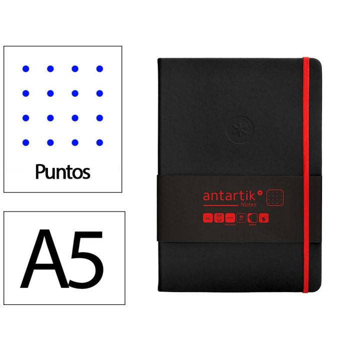 Cuaderno Con Gomilla Antartik Notes Tapa Dura A5 Hojas Puntos Negro Y Rojo 100 Hojas 80 gr Fsc