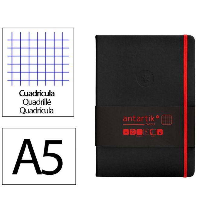 Cuaderno Con Gomilla Antartik Notes Tapa Dura A5 Hojas Cuadricula Negro Y Rojo 100 Hojas 80 gr Fsc