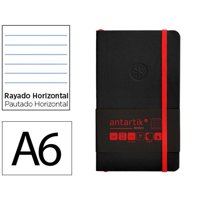 Cuaderno Con Gomilla Antartik Notes Tapa Blanda A6 Rayas Negro Y Rojo 100 Hojas 80 gr Fsc