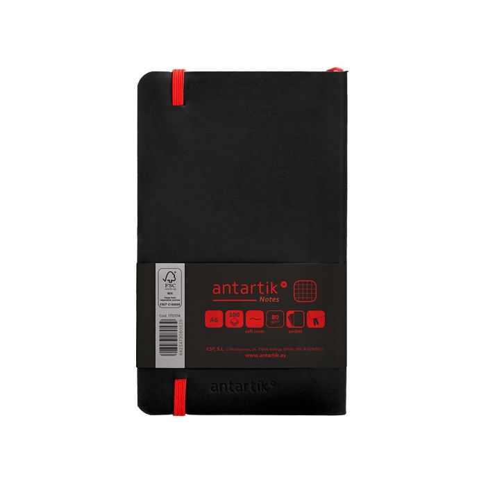 Cuaderno Con Gomilla Antartik Notes Tapa Blanda A6 Cuadricula Negro Y Rojo 100 Hojas 80 gr Fsc 2