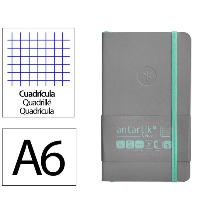 Cuaderno Con Gomilla Antartik Notes Tapa Blanda A6 Cuadricula Gris Y Turquesa 100 Hojas 80 gr Fsc