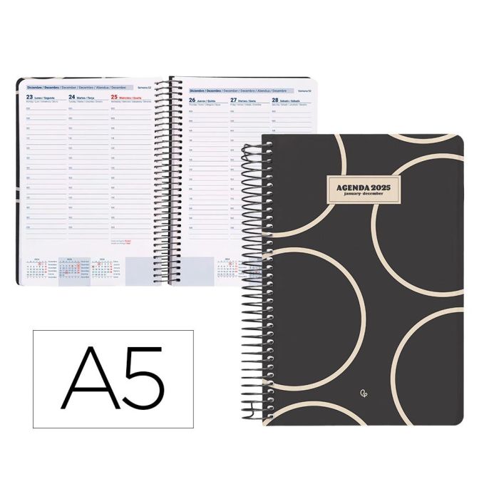 Agenda Espiral Liderpapel Classic A5 2025 Semana Vista Blanco Y Negro 2 Papel 70 gr