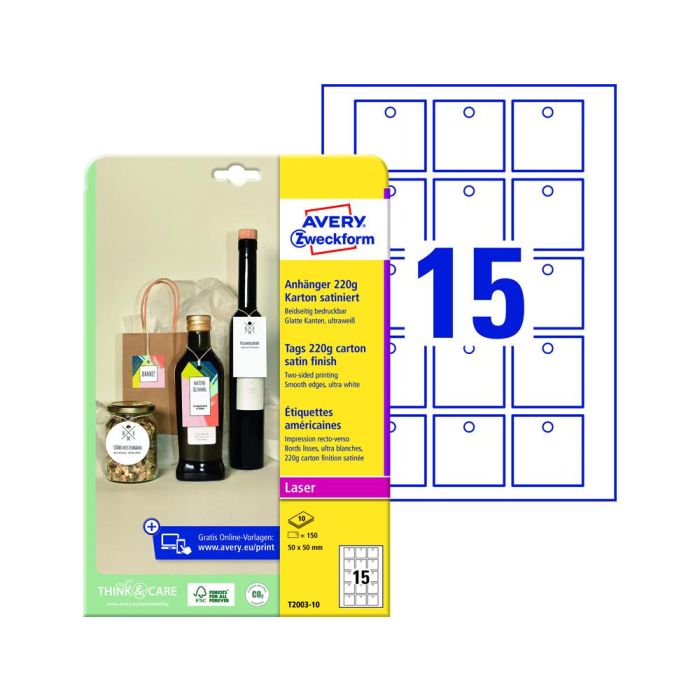 Etiqueta Colgante Avery Blanca 50x50 mm Imprimible Doble Cara Carton 220 gr Pack De 150 Unidades