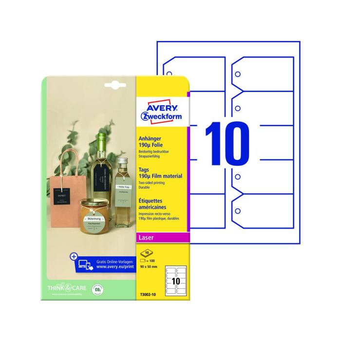 Etiqueta Colgante Avery Blanca 90x50 mm Imprimible Doble Cara Plastico 190 Mc Pack De 100 Unidades