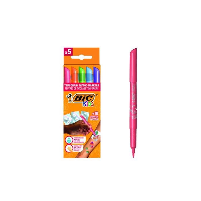 Rotulador Bic Kids Tattoo Caja De 5 Unidades Colores Surtidos + 10 Plantillas