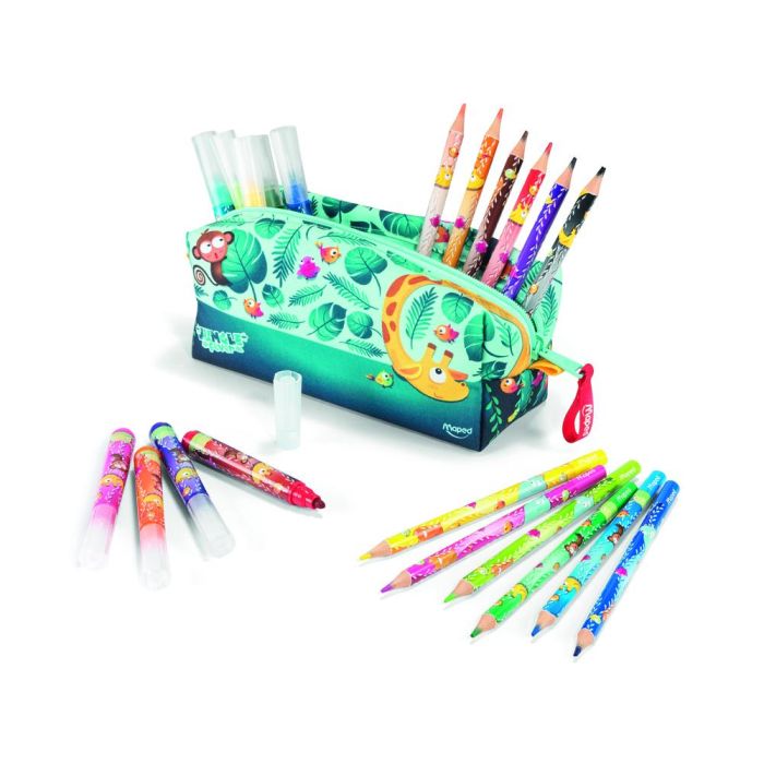 Bolso Escolar Portatodo Maped Ungle Fever Con 12 Rotuladores Colores Surtidos + 12 Lapices De Colores 2