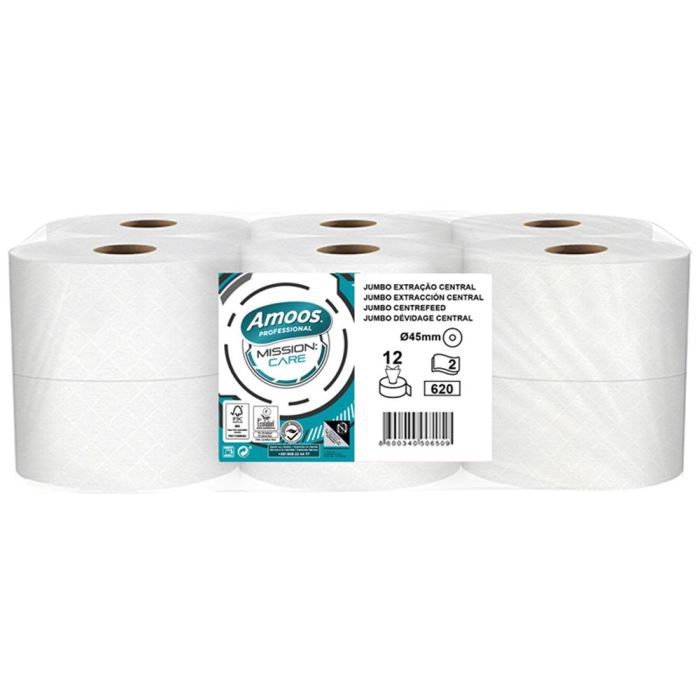 Papel Higienico Amoos Jumbo Industrial Mission Care Extraccion Central 2 Capas 33 gr-M2 Paquete De 12 Rollos