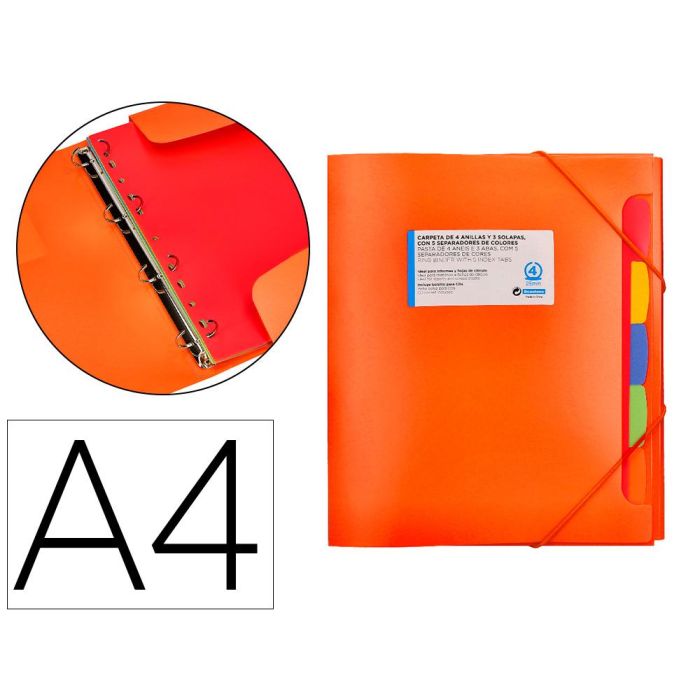 Carpeta Beautone 4 Anillas 25 mm Con 5 Separadores 3 Solapas Cierre Gomas Polipropileno Din A4 Color Naranja