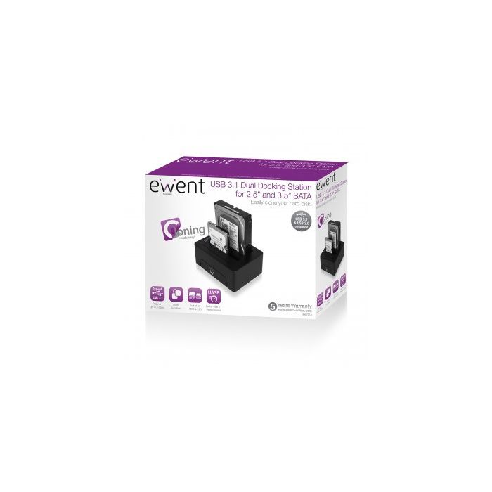 Dock Station Dual Ewent AAACET0186 Dual 2.5"-3.5" USB 3.1 ABS Negro 4