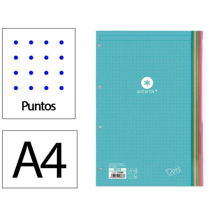 Recambio Liderpapel Antartik Dots A4 100 Hojas 90 gr-M2 Rayado Puntos 4 Taladros Bandas De 5 Colores