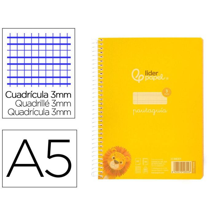 Cuaderno Espiral Liderpapel Din A5 Pautaguia Tapa Plastico 80H 90 gr Cuadro Pautado 3 mm Con Margen Color Amarillo 5 unidades