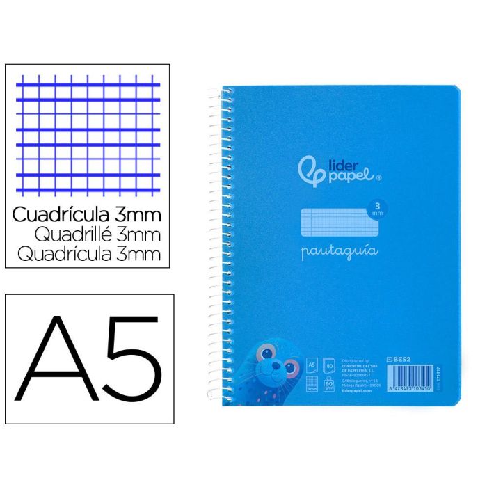 Cuaderno Espiral Liderpapel Din A5 Pautaguia Tapa Plastico 80H 90 gr Cuadro Pautado 3 mm Con Margen Color Azul 5 unidades