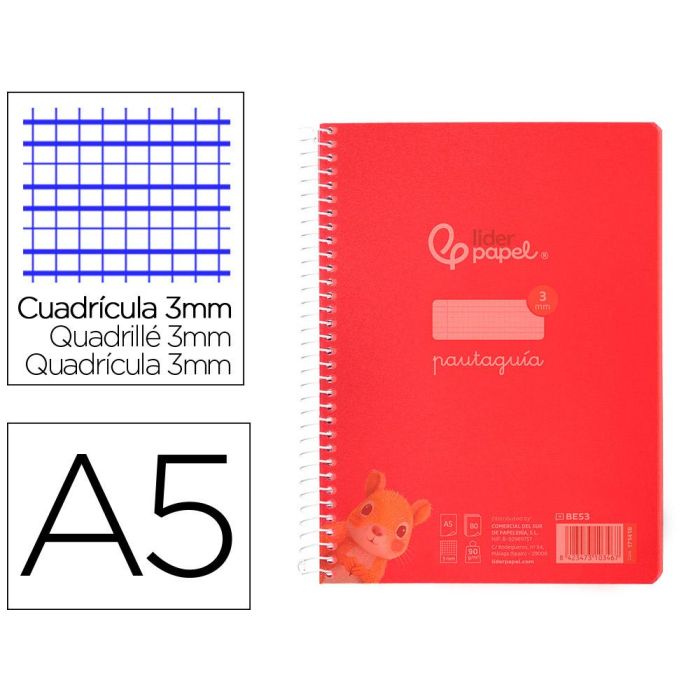 Cuaderno Espiral Liderpapel Din A5 Pautaguia Tapa Plastico 80H 90 gr Cuadro Pautado 3 mm Con Margen Color Rojo 5 unidades