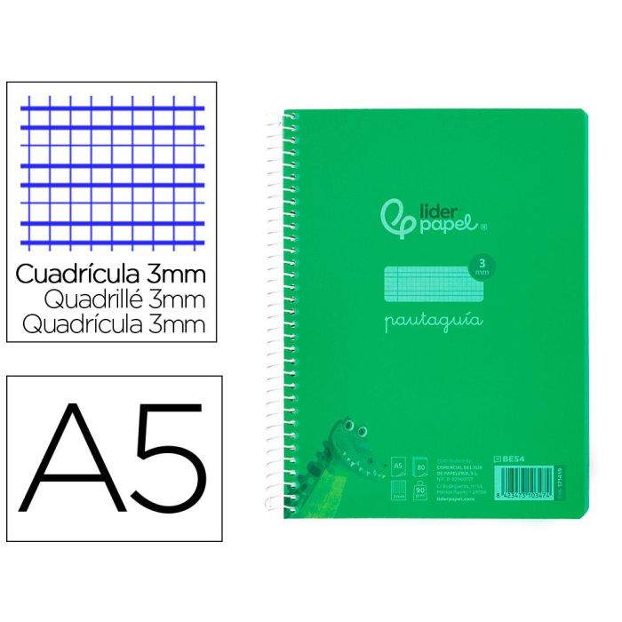 Cuaderno Espiral Liderpapel Din A5 Pautaguia Tapa Plastico 80H 90 gr Cuadro Pautado 3 mm Con Margen Color Verde 5 unidades