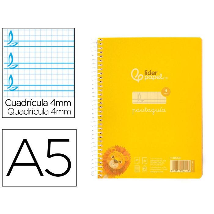 Cuaderno Espiral Liderpapel Din A5 Pautaguia Tapa Plastico 80H 90 gr Cuadro Pautado 4 mm Con Margen Color Amarillo 5 unidades