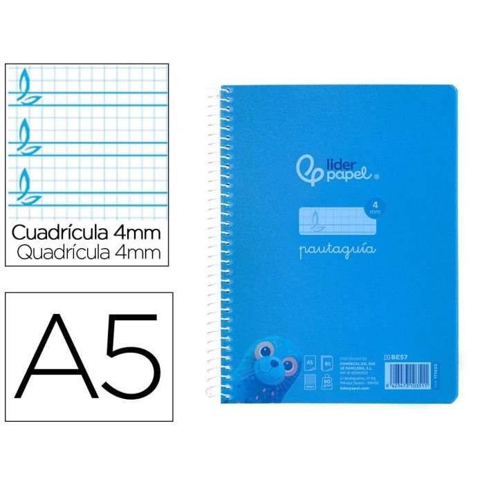 Cuaderno Espiral Liderpapel Din A5 Pautaguia Tapa Plastico 80H 90 gr Cuadro Pautado 4 mm Con Margen Color Azul 5 unidades