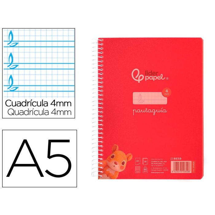 Cuaderno Espiral Liderpapel Din A5 Pautaguia Tapa Plastico 80H 90 gr Cuadro Pautado 4 mm Con Margen Color Rojo 5 unidades