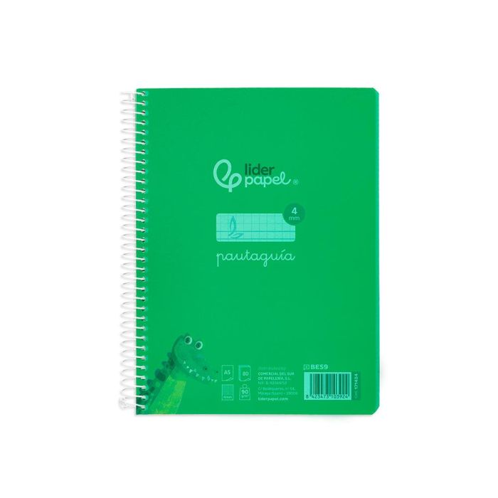 Cuaderno Espiral Liderpapel Din A5 Pautaguia Tapa Plastico 80H 90 gr Cuadro Pautado 4 mm Con Margen Color Verde 5 unidades 1