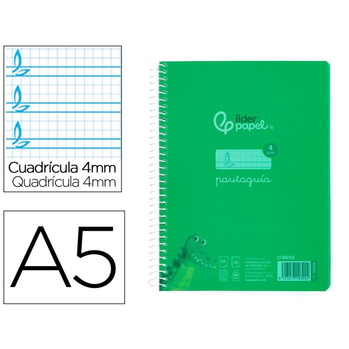 Cuaderno Espiral Liderpapel Din A5 Pautaguia Tapa Plastico 80H 90 gr Cuadro Pautado 4 mm Con Margen Color Verde 5 unidades