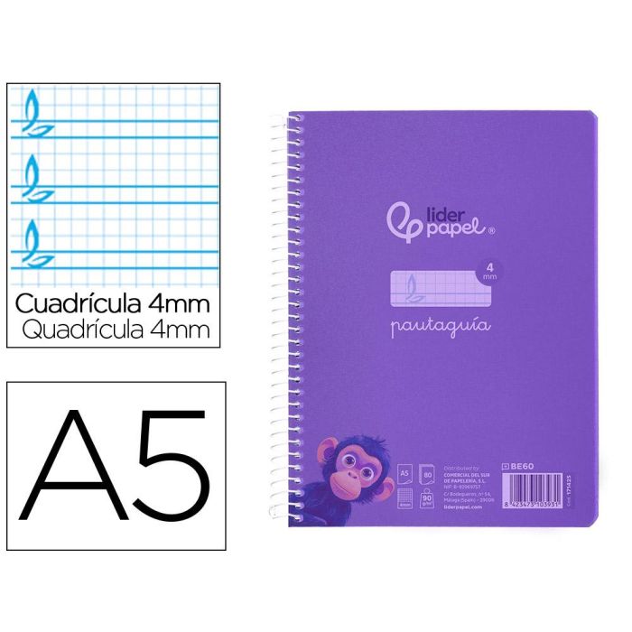 Cuaderno Espiral Liderpapel Din A5 Pautaguia Tapa Plastico 80H 90 gr Cuadro Pautado 4 mm Con Margen Color Lila 5 unidades