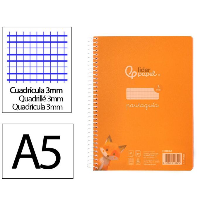 Cuaderno Espiral Liderpapel Din A5 Pautaguia Tapa Plastico 80H 90 gr Cuadro Pautado 3 mm Color Naranja 5 unidades