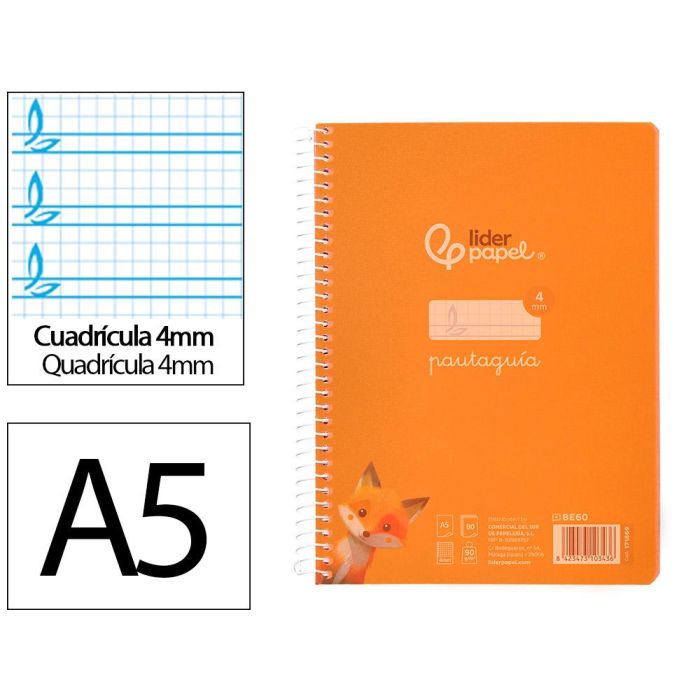 Cuaderno Espiral Liderpapel Din A5 Pautaguia Tapa Plastico 80H 90 gr Cuadro Pautado 4 mm Color Naranja 5 unidades