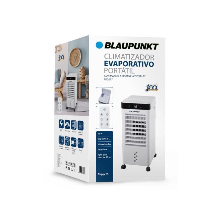 Climatizador Evaporativo Blaupunkt 65 W Deposito 8 L 3 Velocidades Hasta 20 M2 Con Ruedas Y Mando Color Blanco 1