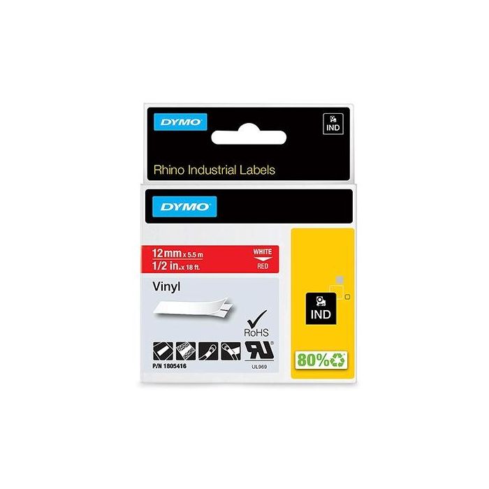 Dymo Rhino Cinta De Etiquetas Industrial Adhesiva Id1-12, Blanco Sobre Rojo De 12 mmx5´5M, Vinilo